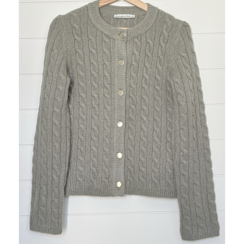 Abercrombie & Fitch Cable Crew Cardigan Sweater Olive Green Gold Buttons Cozy S - Picture 2 of 10